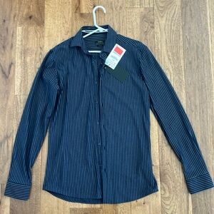 NWT Zara slim fit navy white pinstriped button down shirt size small
